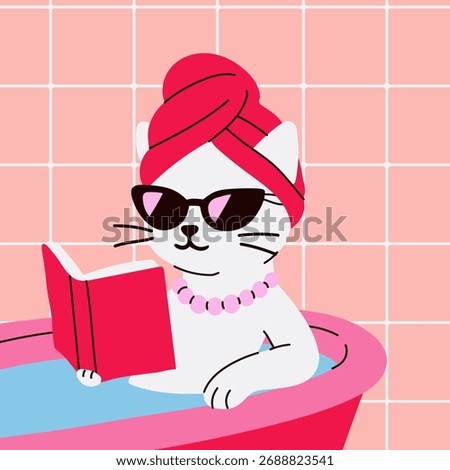 Cute Cat Reading Book in Bubble Bath with Sunglasses