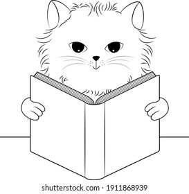 Cute cat reading book. Cartoon character design. Outline illustration.