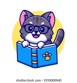 Ilustración del icono del vector del libro de caricaturas de un gato lindo. Concepto de icono de educación animal Vector Premium aislado. Estilo de dibujo plano