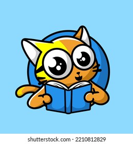 Cute cat reading book cartoon mascot logo design, flat design style