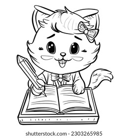 Cute Cat Reading Book Cartoon Vector Icon Illustration. Flat Cartoon Style coloring Page.