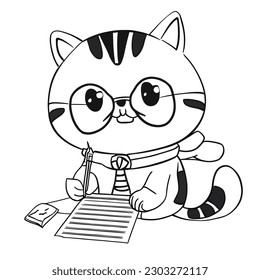 Cute Cat Reading Book Cartoon Vector Icon Coloring books Illustration. Animal Education Icon Concept Isolated Premium Vector. Flat Cartoon Style.