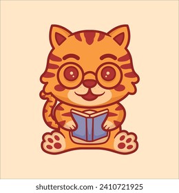 Cute cat reading a book cartoon vector illustration