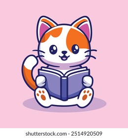 Cute Cat Reading Book Cartoon Vector Icon Illustration. Isolated Flat Cartoon Style