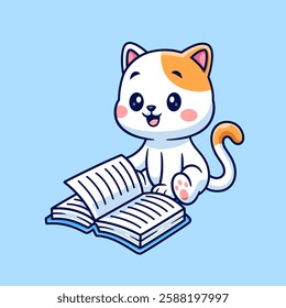 Cute Cat Reading Book Cartoon Vector Icon Illustration. Animal Education Icon Concept Isolated Premium Vector. Flat Cartoon Style