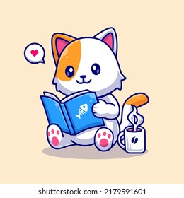Cute Cat Reading Book With Coffee Cartoon Vector Icon Illustration. Animal Education Icon Concept Isolated Premium Vector. Flat Cartoon Style