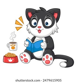 Cute Cat Reading Book With Coffee and food