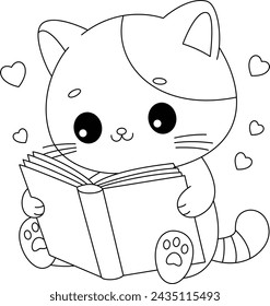 The cute cat is reading book coloring page