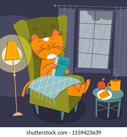 Cute cat reading a book and dreaming near a window on a rainy day. Cat sitting on a chair near window while rain outside. Autumn days, book time, home cosiness. Vector illustration.