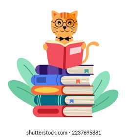 Cute cat reading book in flat design on white background. I love reading concept vector illustration.