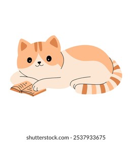 Cute cat reading book . Funny orange fat cat in glasses relaxing. Hand drawn vector illustration for kids. Flat design.