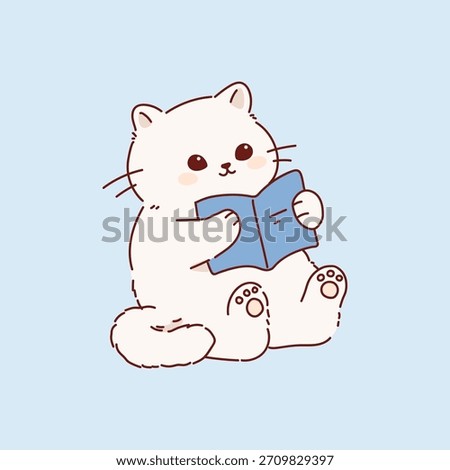 Cute Cat Reading a Book. Hand drawn Cartoon kawaii style. Pastel soft colors vector illustration.