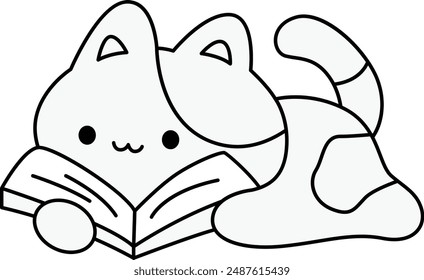 Cute Cat Reading a Book Illustration in black and white coloring
