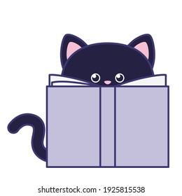 Cute cat reading a book isolated on a white background. Flat design for poster or t-shirt. Vector illustration