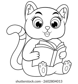 A cute cat reading a book line art