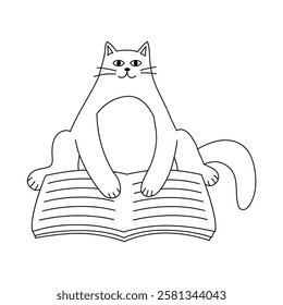 Cute cat reading a book. Stylized character for coloring. Outline drawing. Vector illustration.