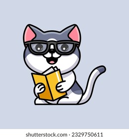 cute cat reading a book suitable for stickers and other illustration needs