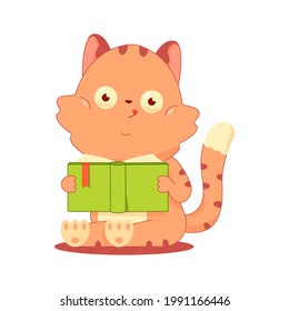 Cute cat reading book vector cartoon character isolated on a white background.