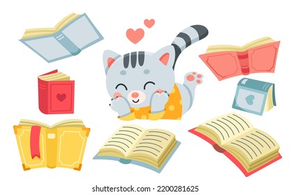 Ilustración vectorial de libros de lectura de gato. Caricatura de gatito bebé aislado mentido cerca de un libro de cuentos abierto con corazones y cara feliz de kawaii para leer literatura para educación, estudio de carácter animal inteligente