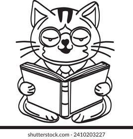 Cute cat reading a book vector cartoon illustration, Book-loving pet cartoon sketch, Reading animal character art