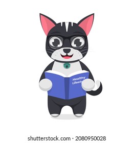 Cute cat reading a book, white background