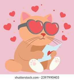 Cute cat reading letter on pink background. Valentine's Day cele