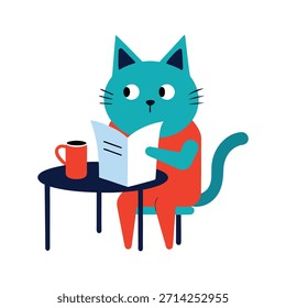 Cute cat reading newspaper at office break table, relaxing feline, coffee break scene, vector illustration, modern office life, professional cute cat