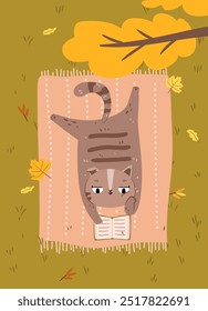 Leitura de gato bonito ao ar livre. Conceito de atividade de parque de outono. Ilustração plana desenhada à mão.