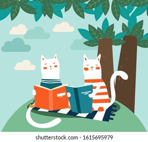 Un gato lindo lee un libro debajo del árbol. Animales divertidos relajándose en el parque