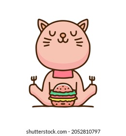 Cute cat ready to eat burger illustration. Vector graphics for t-shirt prints and other uses.