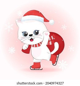 Cute cat and red bag in winter, Christmas season illustration.