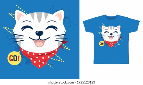 Cute cat with red bandana cartoon illustration t-shirt design vector