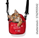 cute cat in red carry bag illustration