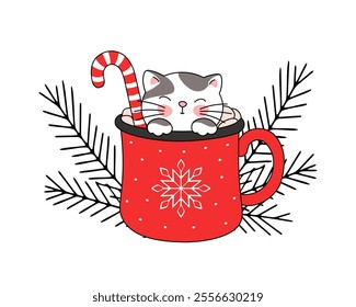 Cute cat in a red coffee mug decorated with fir branches and a candy cane, vector illustration, Christmas card, decorative element.