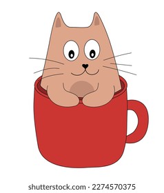 Cute cat in red cup. Brown kitty in mug. Animal vector illustration for greeting card or poster.