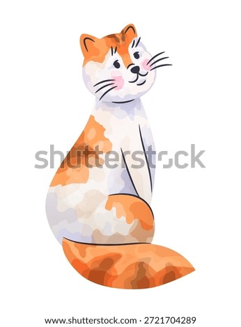 Cute cat. Red fluffy pet. Watercolor drawing graphic. Domestic animal. Feline mammal breed. Color sketch print. Adorable happy kitten. Isolated cartoon pussycat. Kitty sit pose. Vector color sketch