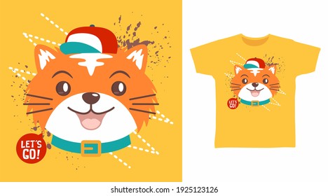 Cute cat with red hat cartoon illustration t-shirt design vector