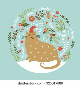 Cute cat in red hat, Christmas vector illustration, Christmas card