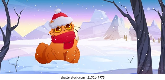 Cute cat in red hat and scarf sitting on snow. Vector cartoon illustration of winter landscape with ginger kitten, snowy fields, bare trees and mountains. Christmas background with funny pet