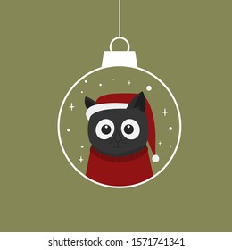 Cute cat in red hat and sweatshirt inside line Christmas ball. Vector illustration isolated on green background. Cute cartoon character