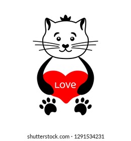 Cute cat with a red heart. Inscription love. Valentine, postcard, illustration.