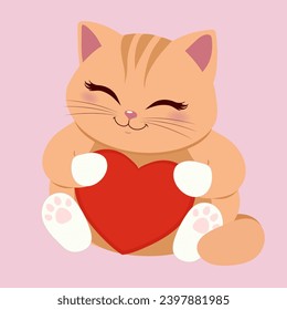Cute cat with red heart on pink background. Valentine's Day cele