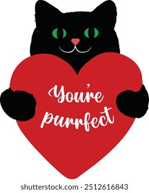 A cute cat with red heart that says youre perfect.