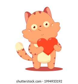 Cute cat with red heart vector cartoon character isolated on a white background.