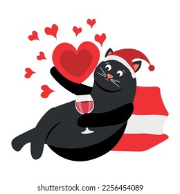 Un gato lindo con los corazones rojos y vino de fondo blanco. Valentine