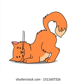 Cute Cat. Red Cat Is Looking For A Mouse, Hunting Mice. The Cat Listens To The Rustling Of Mice Under The Floor. Vector Illustration Isolated On A White Background.