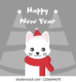 Cute cat in a red scarf with gray Christmas trees. Happy new year greeting card.