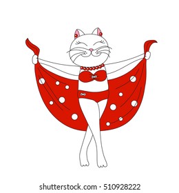 Cute cat in a red swimsuit. Vector illustration for greeting card, poster, or print on clothes.