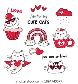 Cute cat Red Valentine day cartoon vector collection, valentine clipart set, doodle cat drawing in red 