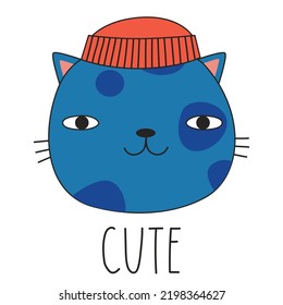 Cute gato en un sombrero rojo de invierno y letras CUTE. Estilo Doodle. Ilustración del vector